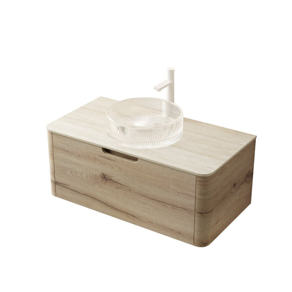 English Elm Xai 36" Modern Floating Bathroom Vanity With Glass Basin, Travertine Top & Soft-Close Drawers W2615S00282-GIGA