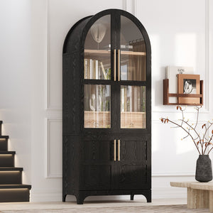 English Elm K&K Arched 71" Kitchen Pantry Cabinet with Glass Doors, Brass Handles, Adjustable Shelves & Drawer Black N707P288969B