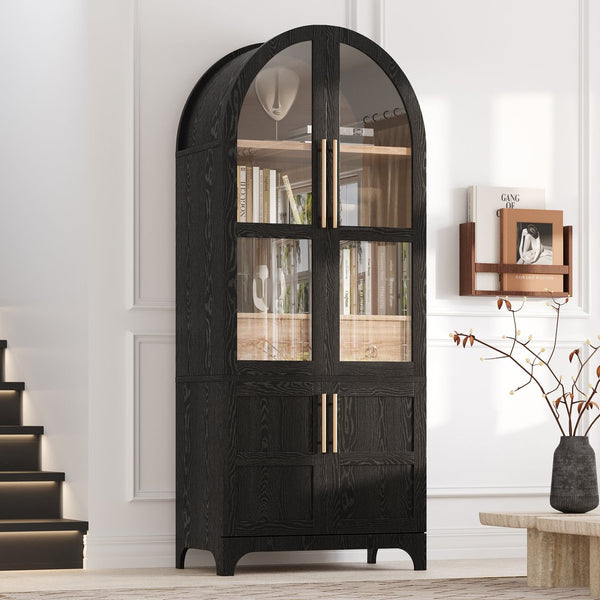 English Elm K&K Arched 71" Kitchen Pantry Cabinet with Glass Doors, Brass Handles, Adjustable Shelves & Drawer Black N707P288969B