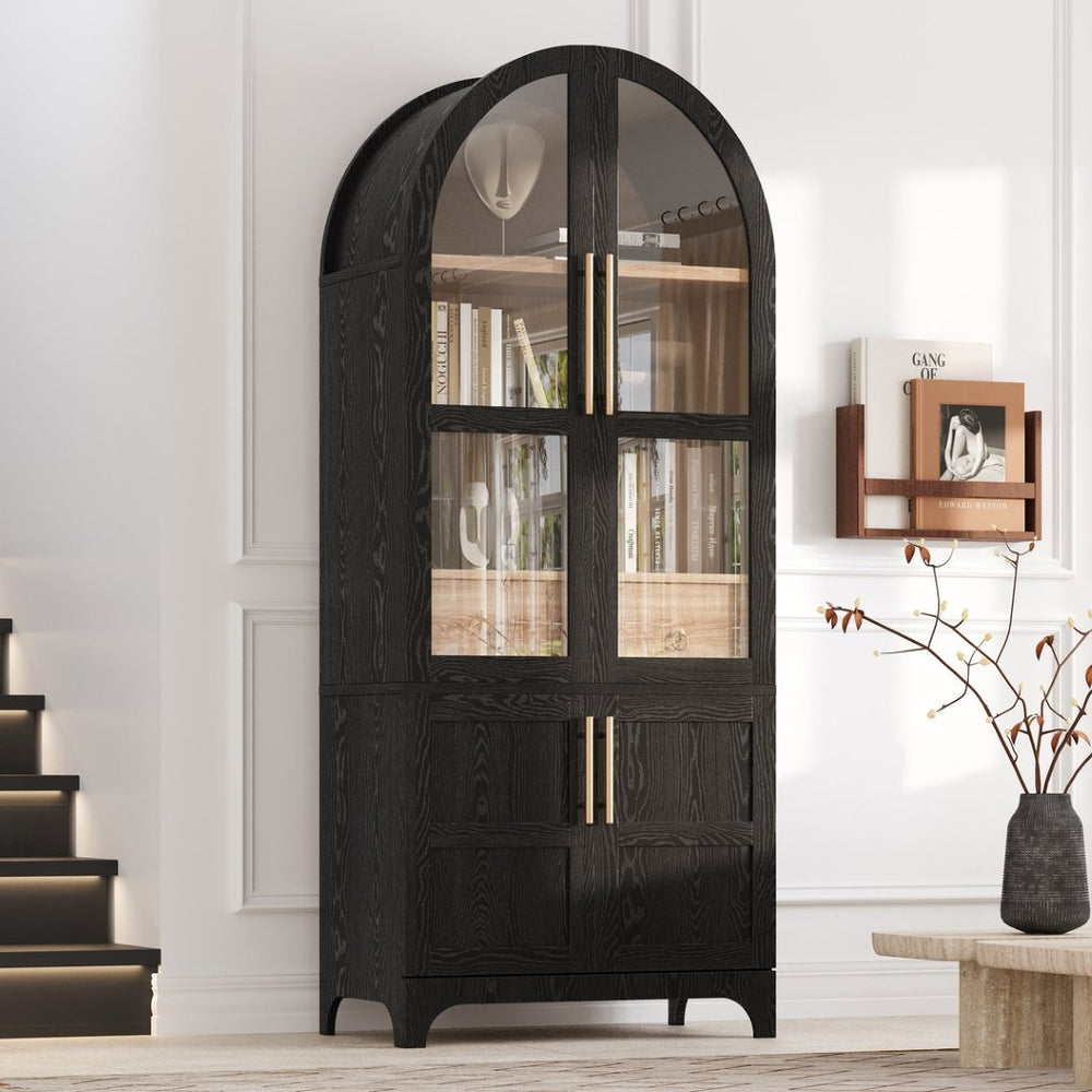 English Elm K&k Arched Farmhouse Pantry Cabinet Glass Doors Hidden Drawer Two Tone Kitchen Storage Black N707S288969B