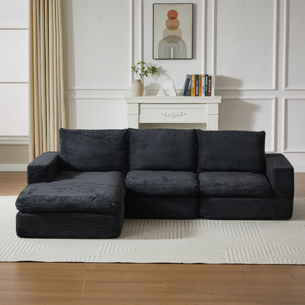 English Elm 99-Inch L-Shaped Sectional Sofa In Black Corduroy, No Assembly, Reversible Chaise & Comfort Pillows W834S00492