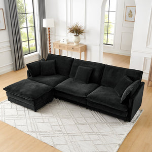 English Elm Modern Sectional Convertible Sofa with Ottoman, Oversized L-Shaped 4-Seater Towel Fabric Comfort Black W1413S00080