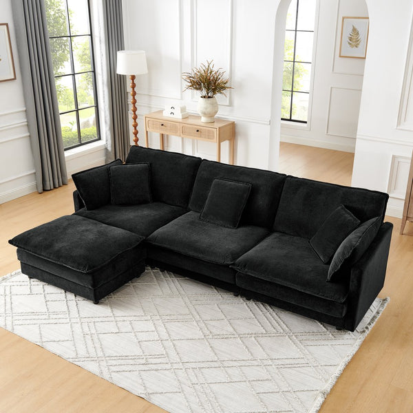 English Elm Modern Sectional Convertible Sofa with Ottoman, Oversized L-Shaped 4-Seater Towel Fabric Comfort Black W1413S00080