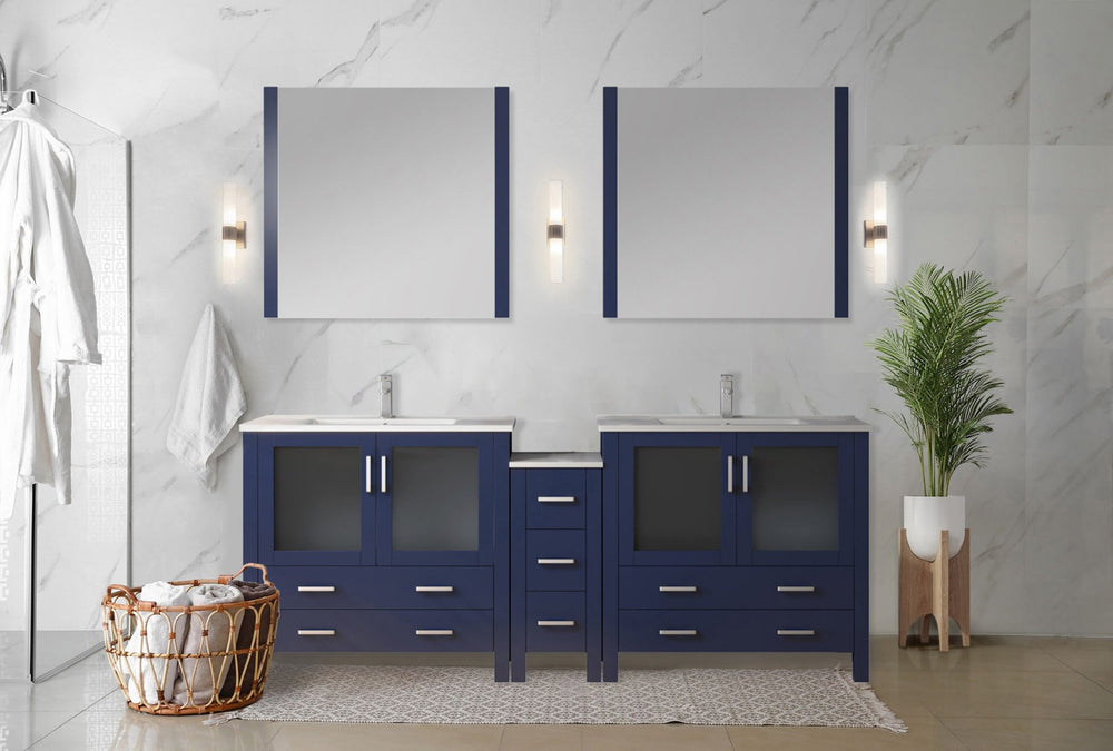 English Elm Navy Blue Double Bath Vanity Set With Storage, Chrome Faucet, White Ceramic Top & Mirrors Included B2731S01217