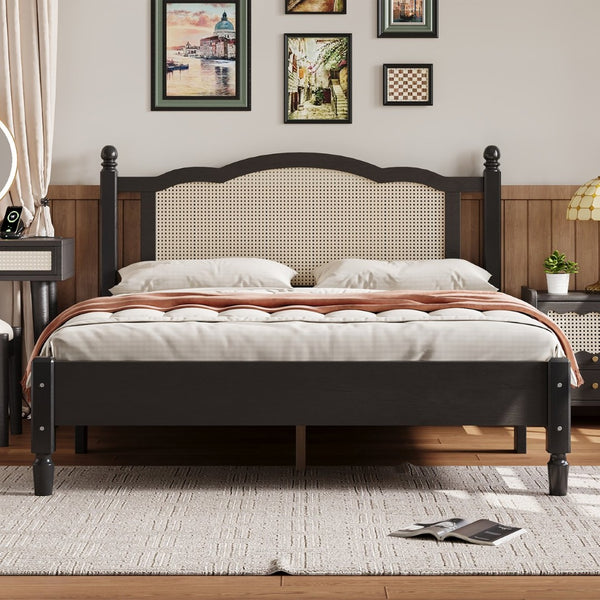 English Elm Queen Arched Rattan Headboard Platform Bed Matte Pine Frame No Box Spring Needed Black N733P180013B