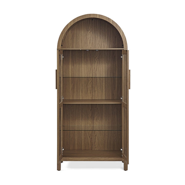 English Elm A high arched storage cabinet with lamp and adjustable glass shelves, modern retro MDF poplar display cabinet with LED accent lighting for kitchen and living room storage elegance Brown W487P358611