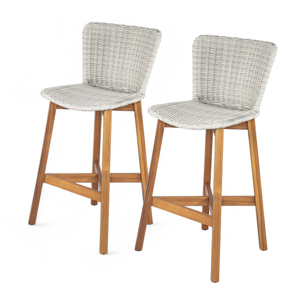 English Elm Christopher Knight Home® - Lymington Outdoor Bar Stool Set of 2 — Durable Acacia & Wicker Craft, Ergonomic 105° Backrest Comfort LIGHT GREY,Teak N775P278094G