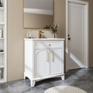 English Elm 27.8" Mid-century Freestanding Bathroom Vanity with Ceramic Sink Drawer and Wood Base White W1801S00004