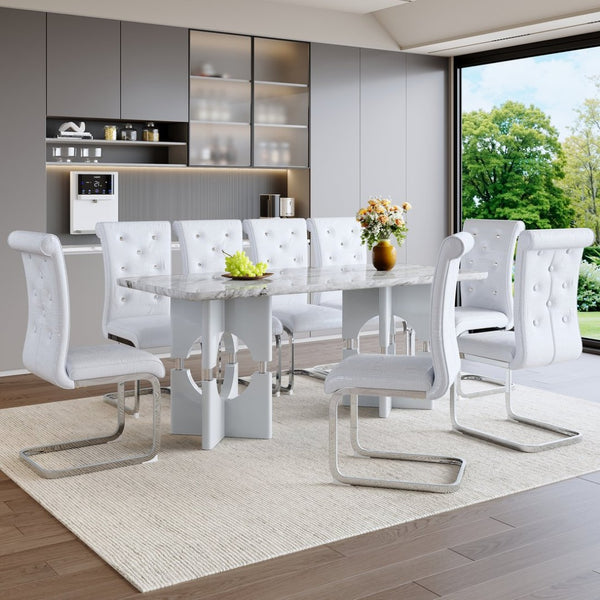 English Elm Modern 9 Piece Glam Dining Set Faux Marble Table Tufted Pvc Chairs Seats Eight Grey,White W3875S00059
