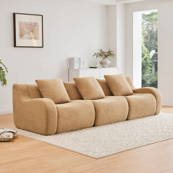 English Elm Boneless Sofa: Plush 3-Seat Camel Teddy Fabric With Non-Slip Base, Stylish Curved Armrests & Comfort W714S01431