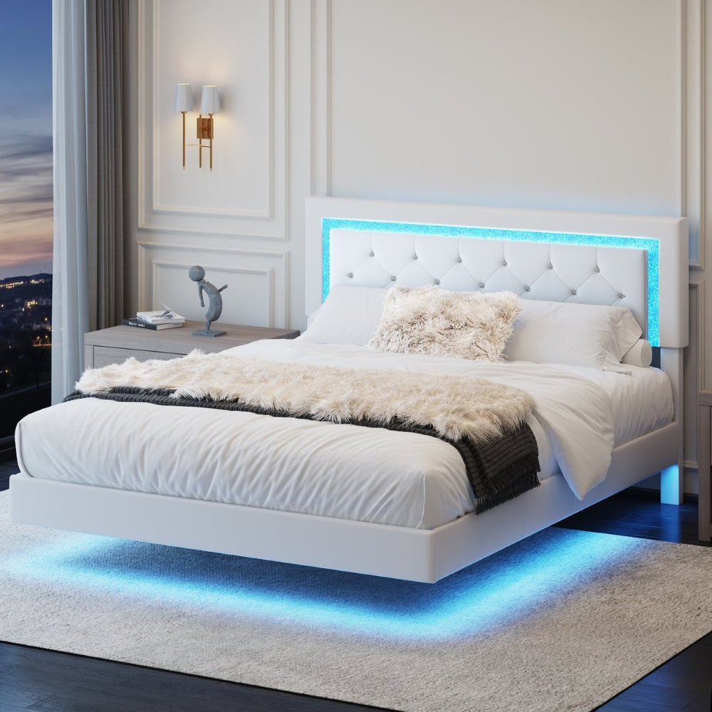 English Elm Queen Platform Bed Pu Leather Tufted Headboard Rgb Led Floating Frame Modern W3107P419174