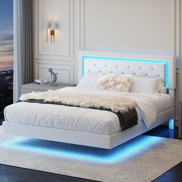 English Elm Queen Platform Bed Pu Leather Tufted Headboard Rgb Led Floating Frame Modern W3107P419174