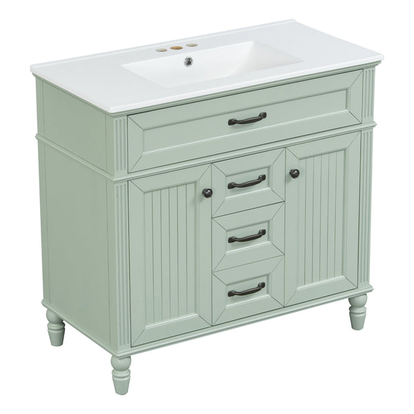 English Elm 36 Inch Bathroom Vanity with Ceramic Sink, Durable MDF & Solid Wood Frame, Soft-Close Doors, Luxe Handles, Ample Organized Storage, Modern Freestanding Design Green N725P314034F