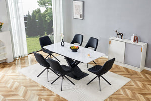 English Elm Modern Extendable Dining Table with Walnut MDF Veneer Top, Dual V-Shaped Metal Base, Sleek Durable Design White Marble W3493S00006