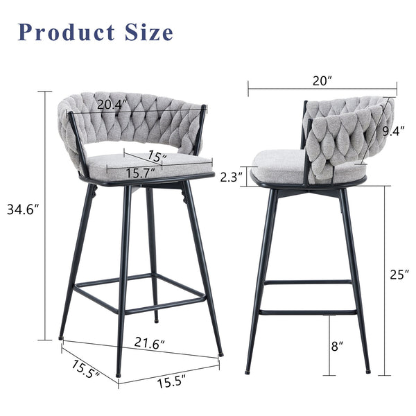 English Elm Set of 2 Swivel Bar Stools Linen Cushions Light Gray & Black Iron Frame Counter Height Seating Durable Classic Style Comfort 28x22x14 W2920P281919