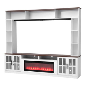 English Elm U-can Modern Farmhouse Wall Unit with Electric Fireplace Bookshelves and Glass Cabinet Doors White+Walnut SJ000153AAK