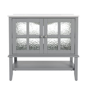 English Elm Christopher Knight Home® - 36" Bathroom Vanity with Ceramic Sink, Solid Wood Legs, Waterproof Finish, Soft-Close Hinges, Open Shelf, Silver Knobs Gray N817P286249G