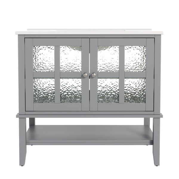 English Elm Christopher Knight Home® - 36" Bathroom Vanity with Ceramic Sink, Solid Wood Legs, Waterproof Finish, Soft-Close Hinges, Open Shelf, Silver Knobs Gray N817P286249G