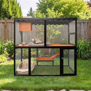 English Elm Wooden Walk-in Catio Enclosure for Multiple Cats with 4 Tier Levels and Waterproof Roof W3166P442040