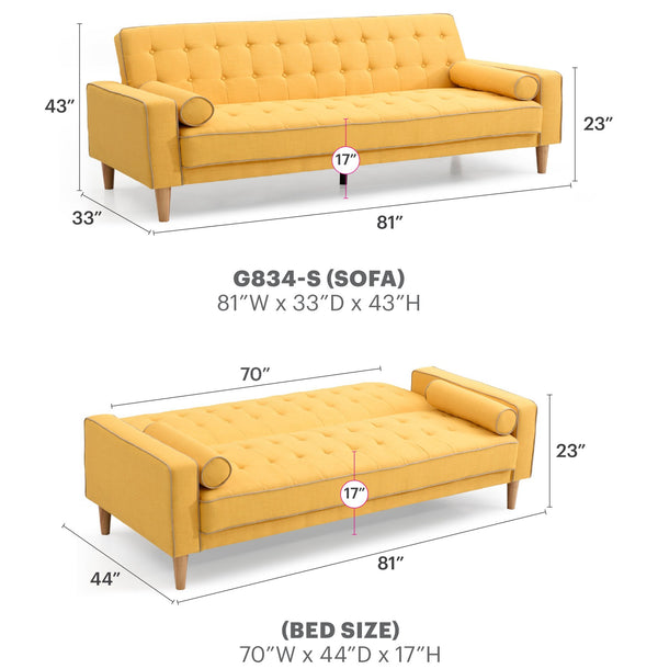 English Elm Andrews G834A-S Sofa Bed Yellow - Tufted Fabric Sleeper, Removable Arms & Back for Easy Delivery, Stylish Convertible Seating B078108469