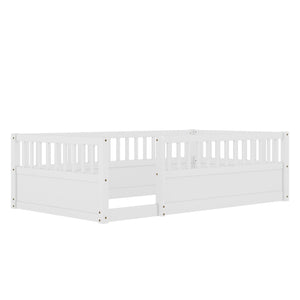 English Elm Twin Montessori Floor Bed Frame for Kids – Pine Playroom Bed with Fence for Reading & Imaginative Play White W1580P307878