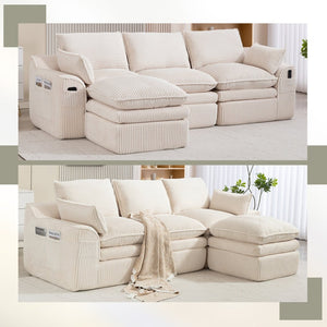 English Elm L Shaped Corduroy Modular Sectional with Cloud Cushions Footstool and Lumbar Pillows Beige W395S00141