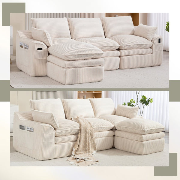 English Elm L Shaped Corduroy Modular Sectional with Cloud Cushions Footstool and Lumbar Pillows Beige W395S00141