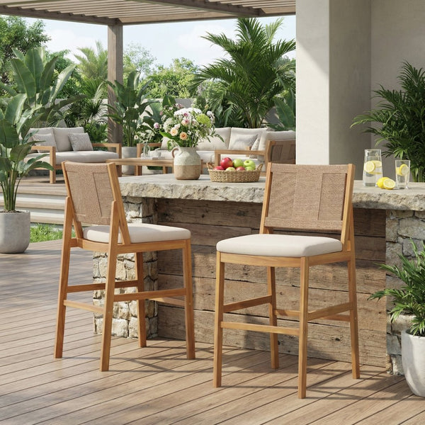 English Elm Outdoor Acacia Wood Barstools Set of 2 Wicker Back Patio Seating with Cushions N773P358719B