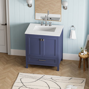 English Elm 30" Freestanding Vanity Solid Wood Frame Carrara Marble Top Navy Blue Powder Bath W1573P237849