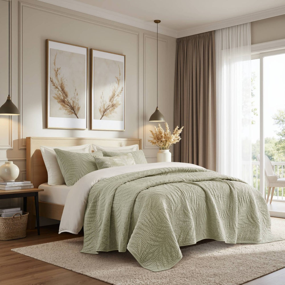 English Elm King Stone Washed Cotton Quilt Set Breathable Garment Dyed Bedroom Comfort Sage B035P496597