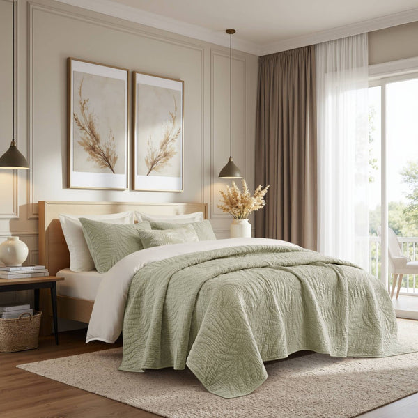 English Elm King Stone Washed Cotton Quilt Set Breathable Garment Dyed Bedroom Comfort Sage B035P496597