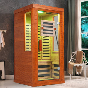 English Elm Infrared Sauna with Red Light Therapy Okoume Wood Spa Cabin for Home Wellness W3973S00011