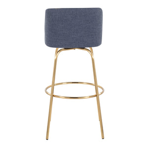 English Elm Toriano 30" Contemporary Barstool Set of 2 — Blue Fabric Swivel Seat, Gold Metal Base & Round Footrest B202S00654