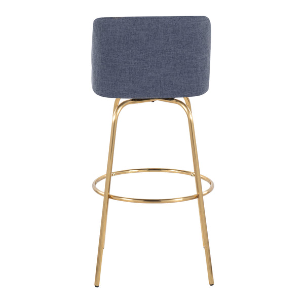 English Elm Toriano 30" Contemporary Barstool Set of 2 — Blue Fabric Swivel Seat, Gold Metal Base & Round Footrest B202S00654