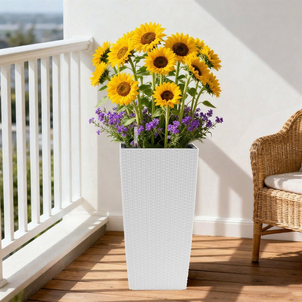 English Elm Pack of 2 Tall Square Faux Rattan Outdoor Planters with Self Watering System White W3213P325418