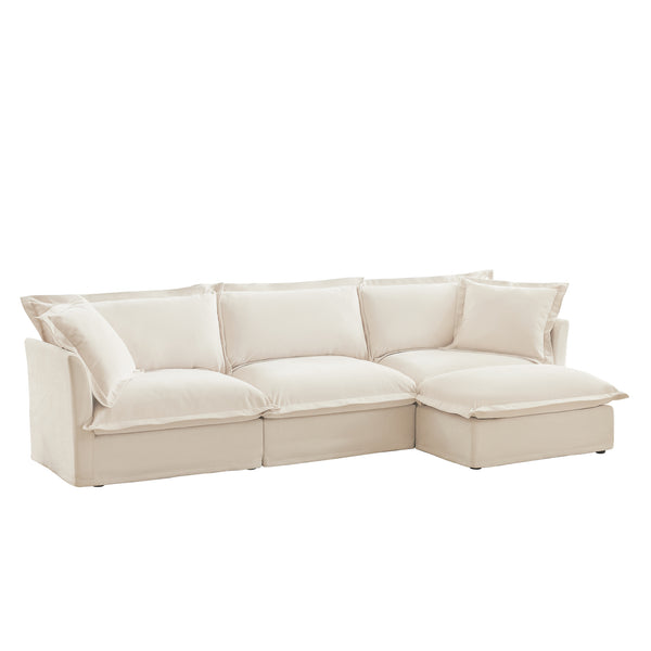 English Elm L-Shaped Slipcovered Sectional Sofa – Plush Chenille Couch With Convertible Ottoman & Pillows, Cream W3041S00006