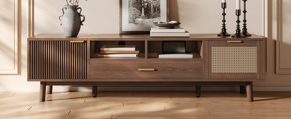 English Elm Wood TV Stand for 75" TVs with Rattan Drawers, Soft-Close Doors, Drop-Down Storage, Waterproof Finish N710P257619P