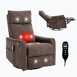 English Elm Heat Massage Rocker Swivel Recliner Fabric Chair with Lumbar Therapy for Living Room Brown W1803P362305