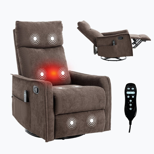 English Elm Heat Massage Rocker Swivel Recliner Fabric Chair with Lumbar Therapy for Living Room Brown W1803P362305