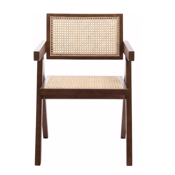 English Elm Modern Mid Century Rattan Dining Chair with Armrests, Walnut Rubberwood, Durable Cozy Accent Seat W3101P340551