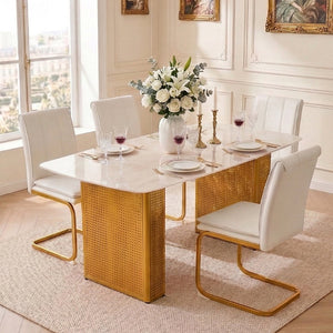 English Elm Modern Marble Glass Dining Table Gold Dual Pedestal Base Seats Eight Elegant W5123P397494