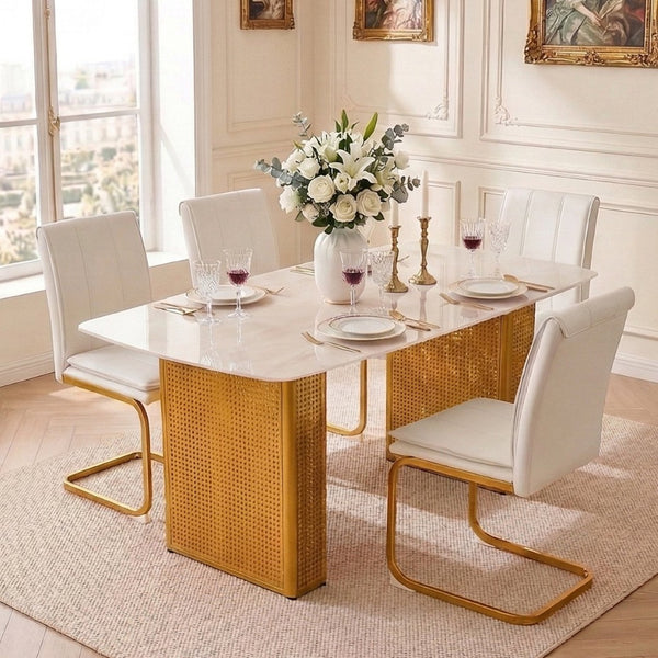 English Elm Modern Marble Glass Dining Table Gold Dual Pedestal Base Seats Eight Elegant W5123P397494