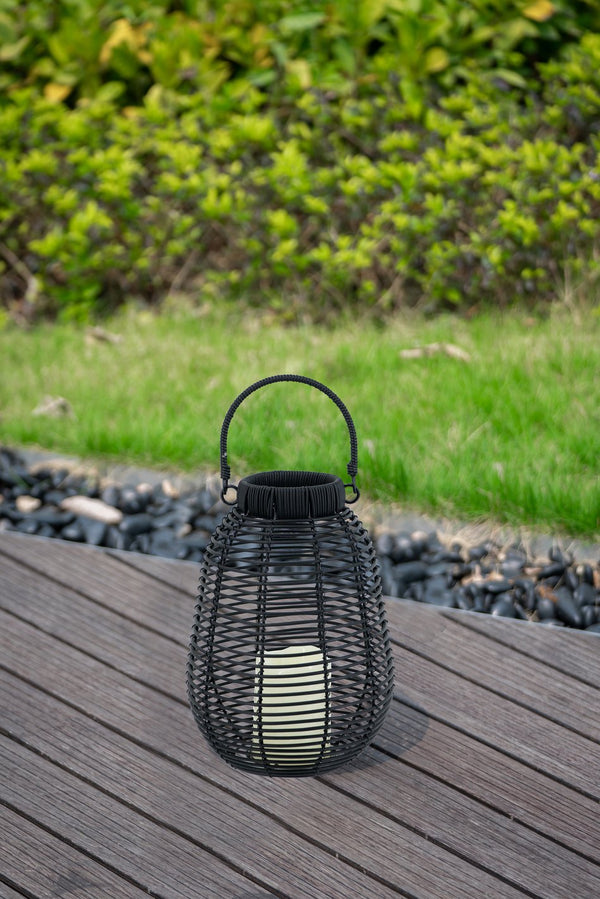 English Elm 7.9x7.9x10.6" Poly Rattan Lantern with Realistic White LED Candle, Timer, Warm Flicker Ambiance Black W2078P409470