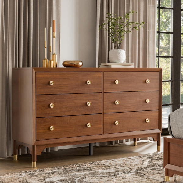 English Elm 1pc Walnut Six Drawer Dresser Gold Capped Legs Mid Century Modern Bedroom Storage B2741P446678