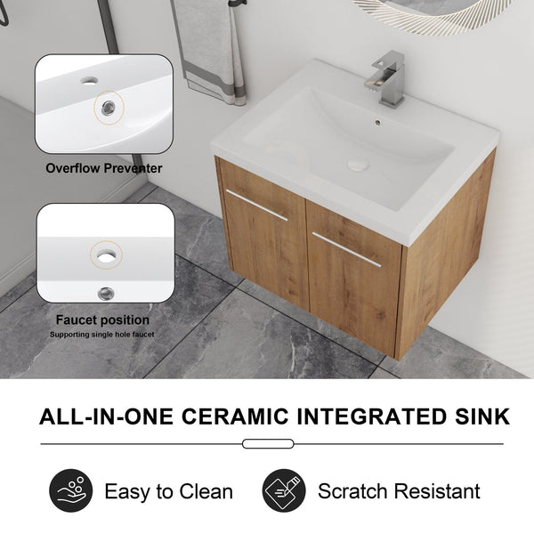 English Elm 24 Inch Floating Bathroom Vanity with Resin Sink, Soft-Close Doors, Wall-Mounted Storage, Modern Compact Design W999P188185
