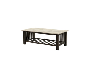 English Elm Contemporary 3pc Occasional Table Set Faux Marble Top Antique Walnut Finish Open Shelf Modern Design B011S01995