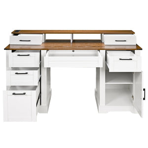 English Elm 59" Fluted Oak L-shaped Corner Desk with Charging Station Monitor Stand and File Storage White W2917S00006