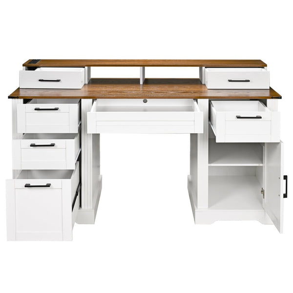 English Elm 59" Fluted Oak L-shaped Corner Desk with Charging Station Monitor Stand and File Storage White W2917S00006