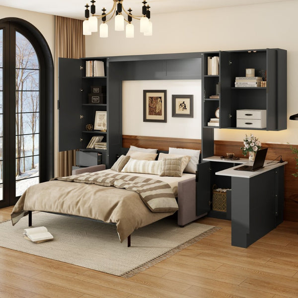 English Elm Queen Murphy Wall Bed Hydraulic Lift Velvet Sofa Built-in Shelves Led Studio Unit Dark Gray LP000392AAE