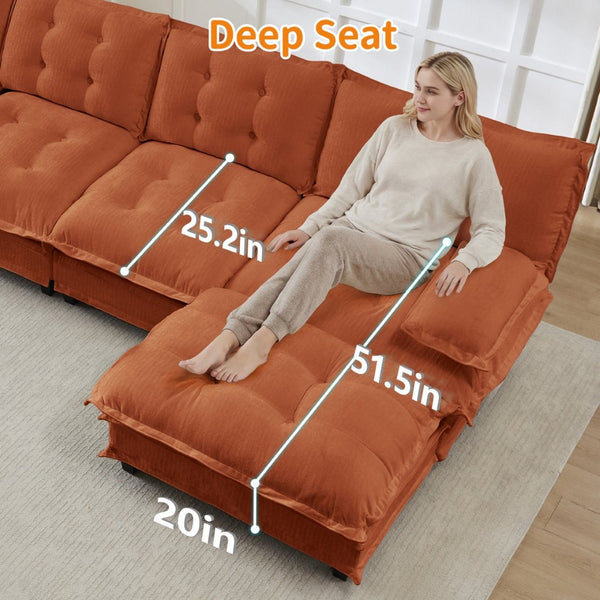 English Elm 138" Chenille Modular Cloud Sectional with Ottoman Deep Seat Lounge Sofa for Apartments Orange W714S01741